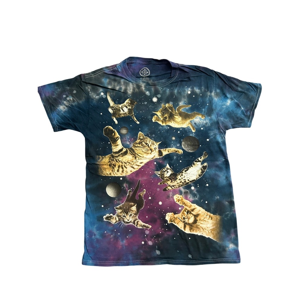 DOM Space Cats Galaxy Tie Dye T-Shirt Mens Medium Blue Purple Excellent Graphic